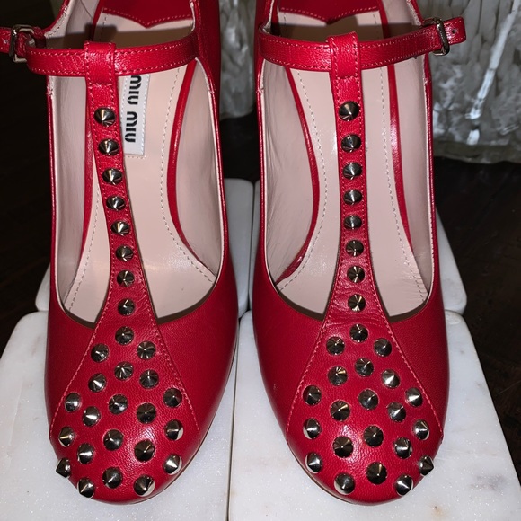 NEVER WORN Red Miu Miu studded T-Strap Mary Janes - Picture 4 of 7
